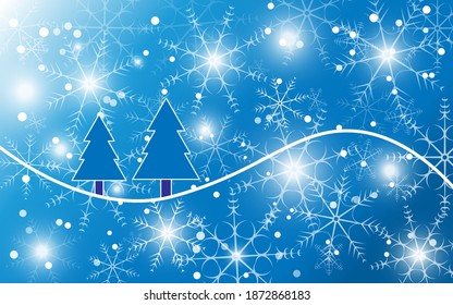 Two blue spruce on a blue gradient with highlights and snowflakes - vector christmas background