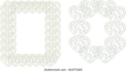 Two blue  square beautiful lace framework of paper hearts