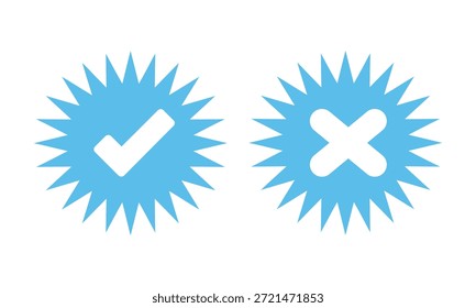 Dos Formas azules de estallido estelar con marca de verificación blanca y símbolos cruzados