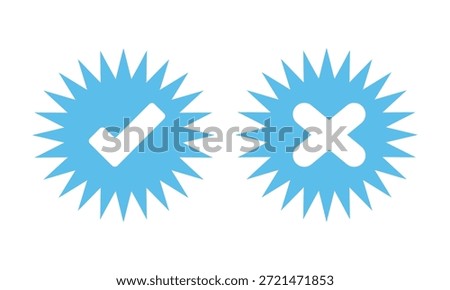 two blue starburst shapes with white checkmark and cross symbols
