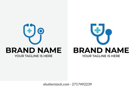 Dos logotipos de estetoscopio azul con un signo de turquesa plus se muestran sobre un fondo blanco. Los marcadores de posición de texto dicen "MARCA" y "TU ETIQUETA ESTÁ AQUÍ".