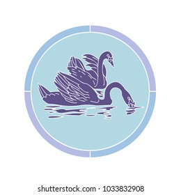 two blue swans in lake on background of geometrical pattern