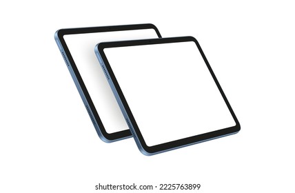 Two Blue Tablet Mockups With Blank Screens, Perspective Side View, Isolated on White Background. Vector Illustration