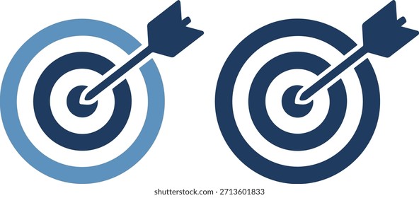 Dois ícones azuis de destino com setas atingindo o alvo, um com um anel externo azul claro e o outro com uma cor azul escuro sólida, ambos em um fundo branco.