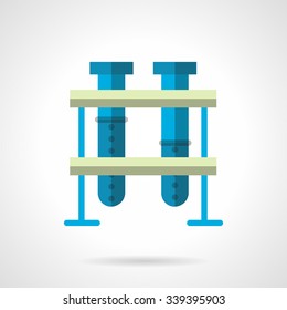 Two blue test-tubes on a rack. Laboratory experiment, analysis, chemical and biology equipment. Flat color style vector icon. Buttons and design elements for website, mobile app, business. 