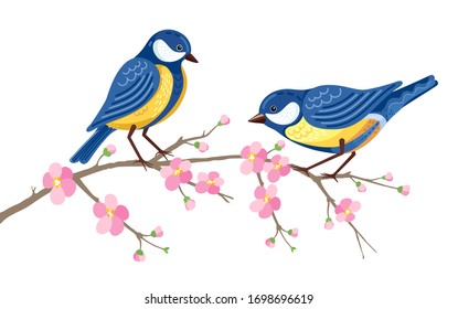 Two blue tits sitting at blossoming Japanese cherry branch with pink flowers. Decorative Nature scene at white background. Vector illustration.