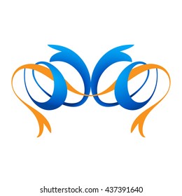 Two blue twisted ribbon with shadows and an orange one tape flat. Monogram in the form of a ribbon. Ribbons in a vegetative style.