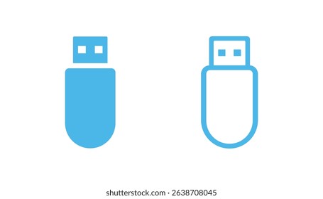 Two blue USB flash drive icons in solid and outline vector style, isolated on white background, perfect for tech designs.