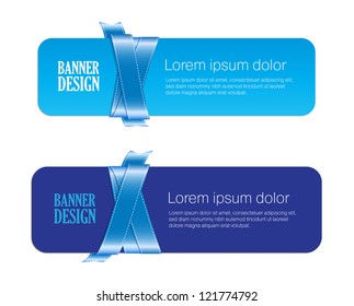 Two blue vector banners braided with silky glossy ribbons
