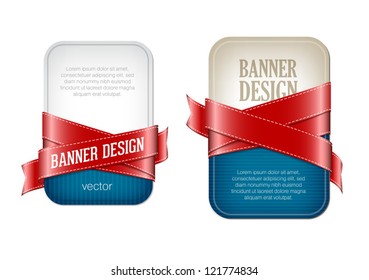 Two blue vector banners braided with red silky glossy ribbons