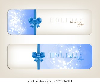 Two blue vector festive banners collection with sparkling background and blue silky ribbon bow knots