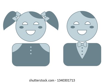 Two blue vector icons (portrait) of smiling boy with bow tie and buttons on his shirt and smiling girl with pigtails, bows in her hair and buttons on off the shoulder blouse