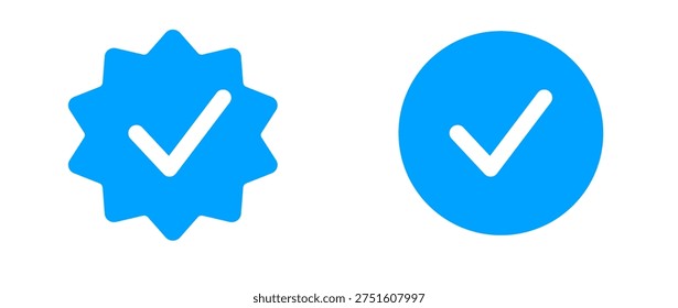 Two blue verified checkmark icons, one starburst shape and one circle, on a transparent background. Represents verification, confirmation, and social media.