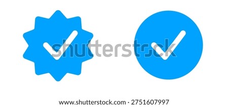 Two blue verified checkmark icons, one starburst shape and one circle, on a transparent background. Represents verification, confirmation, and social media.