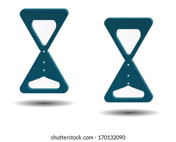Two blue volume icons of almost full hourglasses with shadows. Vector illustration
