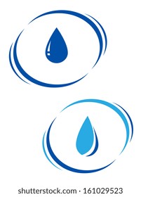 two blue water drops with decorative line on white background