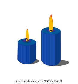 Two blue wax candles of different sizes, isolated vector illustration.