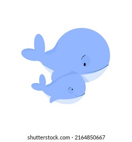 Two blue whales, small and large, swim
