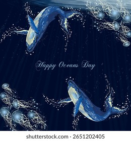 Two blue whales underwater. Vector drawing