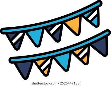 Two blue and white flags are hanging from a pole. The flags are blue and white with a yellow stripe