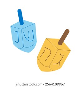 Two blue and yellow dreidels with Hebrew letters on them. The blue one says "JUL" and the yellow one says "JUL"