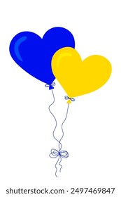 Two blue and yellow heart-shaped balloons isolated on a transparent background. The concept of love, celebration and joy for the Independence Day of Ukraine or the Day of Peace in Ukraine. Vector