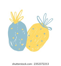 Two blue and yellow pineapples. Hand drawn colored doodle icons. Cute fruit design for textile fabric or wallpaper summer backgrounds