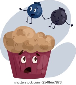 Dois mirtilos saltando de mãos dadas em um muffin