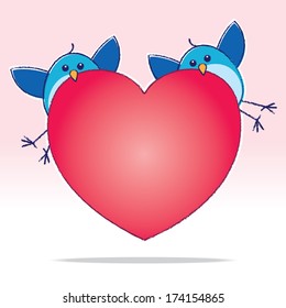 Two Bluebirds carrying a Big Red Heart on a Pink Gradient Background