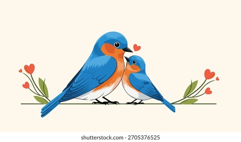 Two bluebirds perched on a branch with hearts, symbolizing love and companionship.
