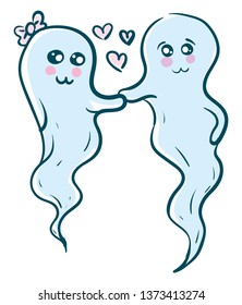 Two blue-colored cute little love ghosts are with smiling eyes and a broad closed smile turning up to rosy cheeks while holding hands vector color drawing or illustration 