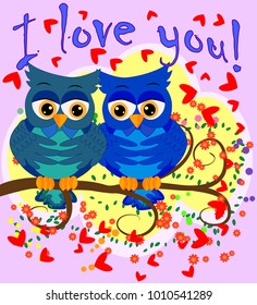 Two blue-eyed, owl-owl-boys sit on the rainbow among the hearts, love is in the air. Concept of homosexual male love, postcard