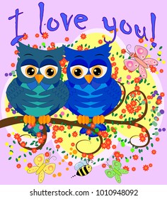 Two blue-eyed, owl-owl-boys sit on the rainbow among the hearts, love is in the air. Concept of homosexual male love, postcard
