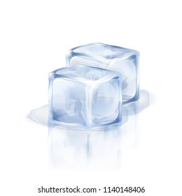 Two bluish-white ice cubes isolated on the white background. Vector illustration of two ice pieces. Making of cold drinks, alcoholic and non-alcoholic beverages, cocktails.