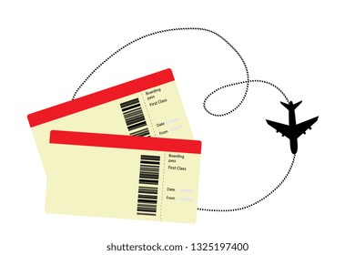 Two boarding pass connected with dashed line with plane on white background. Airline ticket and plane icon vector.