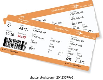 Two boarding pass or plane ticket. Orange flight coupons illustration.