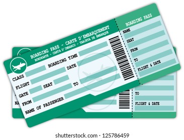 Two boarding passes. Green and blue flight coupons vector illustration.