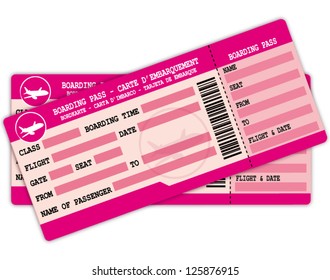 Two boarding passes. Pink flight coupons vector illustration.