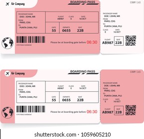 Two boarding passes. Red flight airline tickets. Vector illustration.