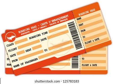 Two boarding passes. Red and orange flight coupons illustration.