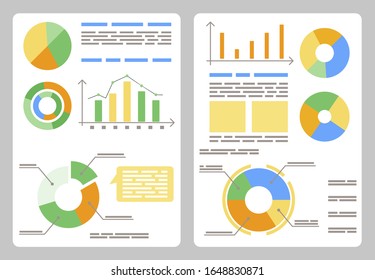Two boards with information on it. Captions, diagrams and graphics on template. Financial charts for business report or presentation. Business visualization. Vector illustration of analysis in flat