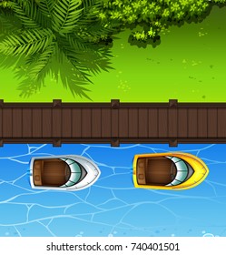 Dos barcos flotando cerca de la ilustración del puente