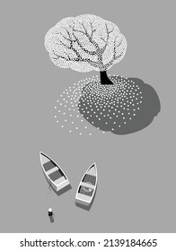 Dos barcos en el lago. Paisaje blanco negro con árboles floridos en el agua