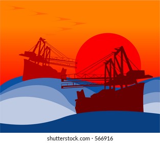 Two Boats Out At Sea During Sunset