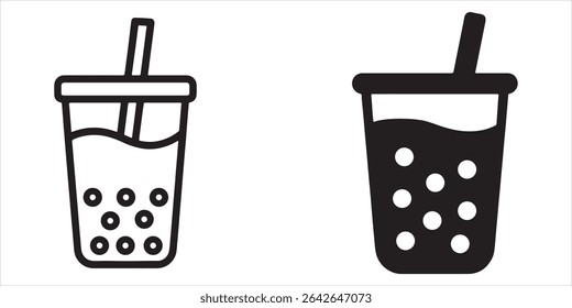 Two boba tea cups with straws in black and white outline
