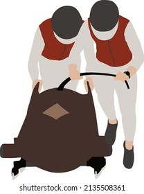 Two bobsledder girls in a light uniform and red vests are pushing a bob