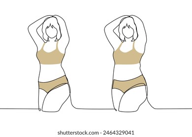 dos tipos de cuerpo de una mujer en ropa interior de color carne. la mujer se para con sus brazos por encima de su cabeza, es delgada y de talla grande. Cuerpo antes y después del concepto. Vector hecho a mano no AI