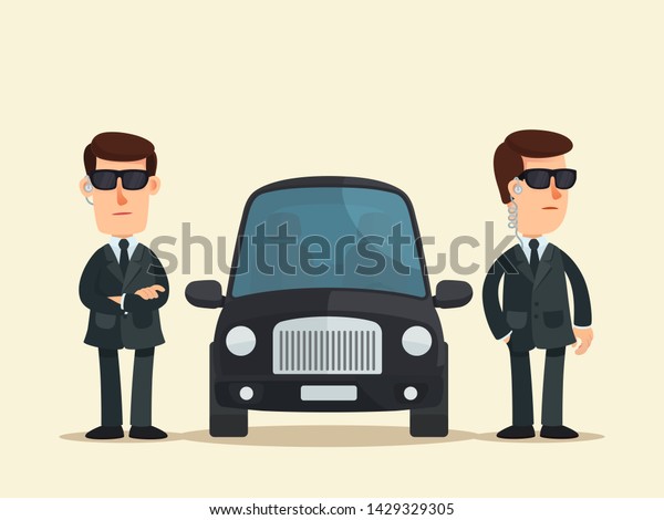 Two bodyguards in black sunglasses and with\
earpieces guard the celebrity luxury car. Security guards,\
bodyguards agency. Vector illustration, flat design, cartoon style.\
Isolated background.