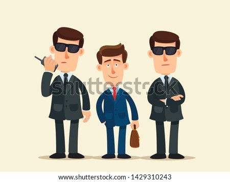 Two bodyguards in black sunglasses guard businessman. Security guard agency. Business vector illustration, flat design, cartoon style. Isolated background.