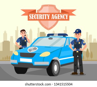 Two Bodyguards And Car Flat Vector Illustration. Security Officers with Walky Talky Cartoon Characters. Security Agency Isolated Emblem with Lettering. Protection Services Poster, Banner composition